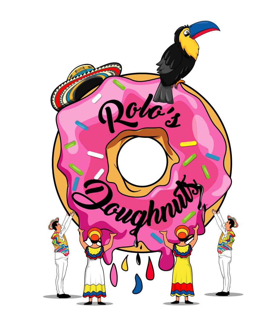 Image of a donut topped with pink icing and sprinkles. The donut dons a hat and toucan and is raised by 4 people, 2 men and 2 women, wearing Colombian garb